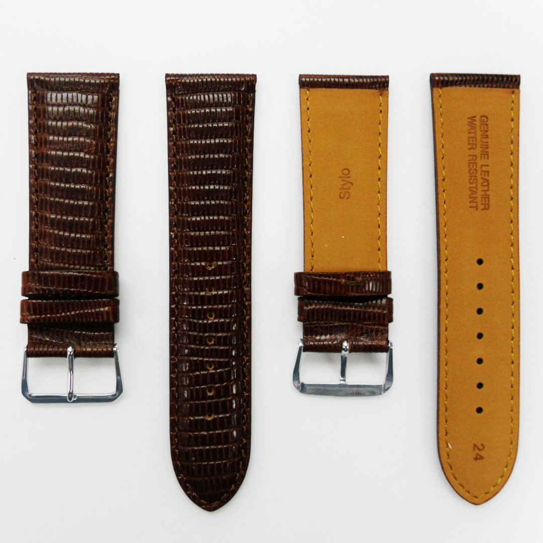 Lizard Watch Band, 24MM Wide, Padded, Regular Size, Brown Color, Brown Stitched, Silver and Gold Buckle, Genuine Leather Watch Strap Replacement - Universal Jewelers & Watch Tools Inc.