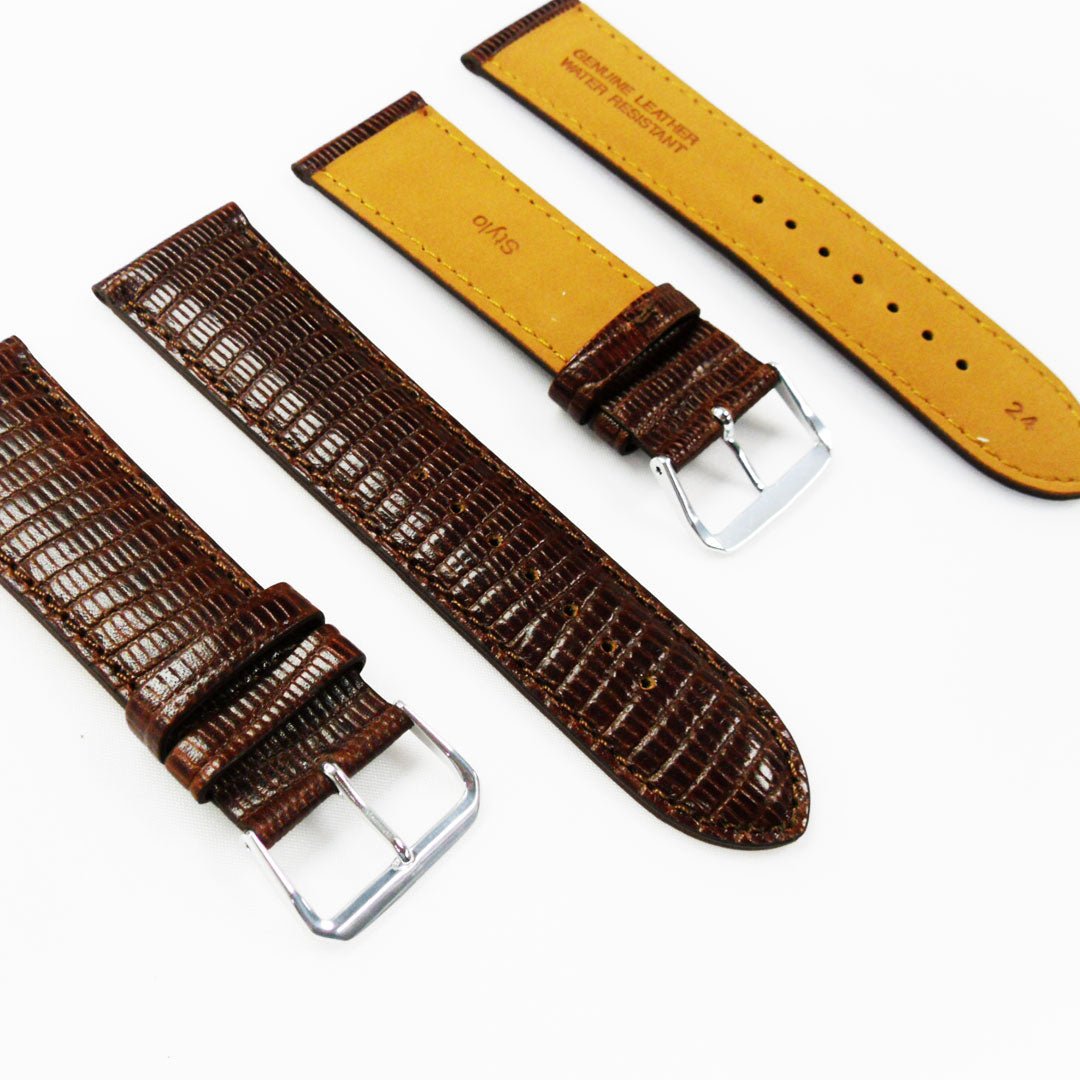 Lizard Watch Band, 24MM Wide, Padded, Regular Size, Brown Color, Brown Stitched, Silver and Gold Buckle, Genuine Leather Watch Strap Replacement - Universal Jewelers & Watch Tools Inc.
