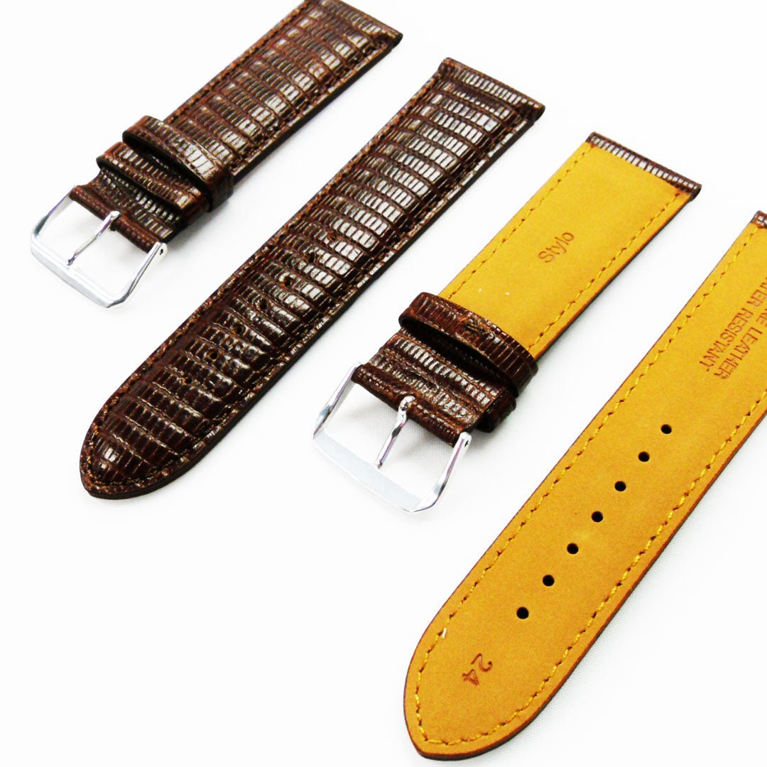 Lizard Watch Band, 24MM Wide, Padded, Regular Size, Brown Color, Brown Stitched, Silver and Gold Buckle, Genuine Leather Watch Strap Replacement - Universal Jewelers & Watch Tools Inc.