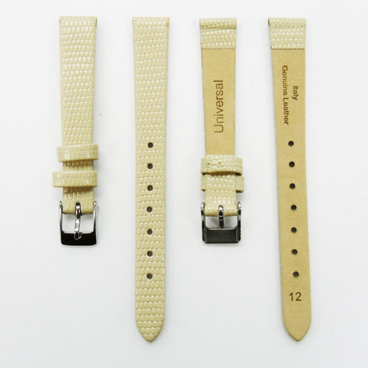 Lizard Style, Ladies Watch Band, 12MM Wide Flat, Regular Size, Beige Color, Silver Buckle, Genuine Leather Strap Replacement - Universal Jewelers & Watch Tools Inc.