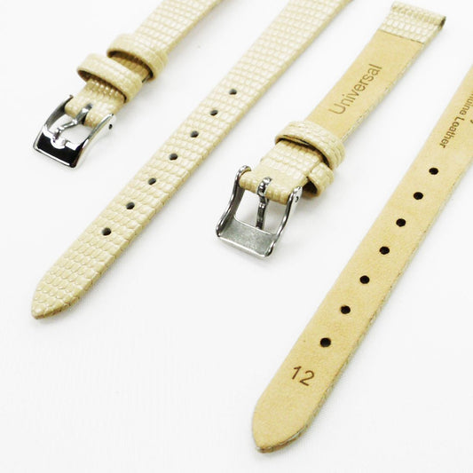 Lizard Style, Ladies Watch Band, 12MM Wide Flat, Regular Size, Beige Color, Silver Buckle, Genuine Leather Strap Replacement - Universal Jewelers & Watch Tools Inc.