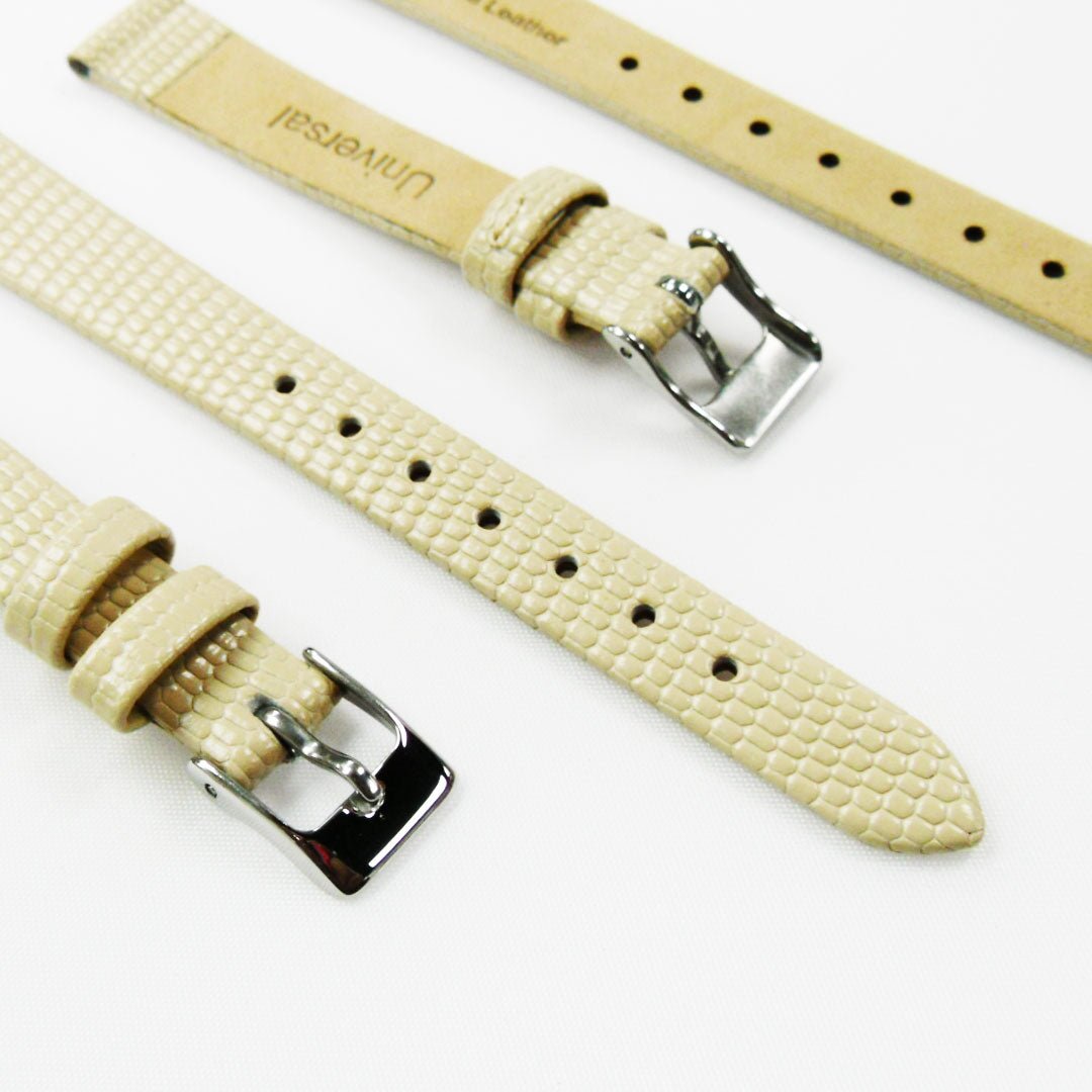 Lizard Style, Ladies Watch Band, 12MM Wide Flat, Regular Size, Beige Color, Silver Buckle, Genuine Leather Strap Replacement - Universal Jewelers & Watch Tools Inc.