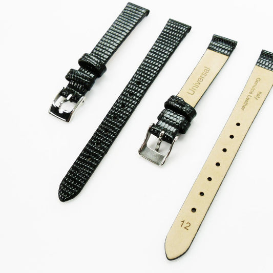 Lizard Style, Ladies Watch Band, 12MM Wide Flat, Regular Size, Black Color, Silver Buckle, Genuine Leather Strap Replacement - Universal Jewelers & Watch Tools Inc.