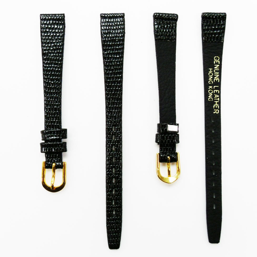 Watch Band Lizard Style, Ladies ,12MM Wide Flat, Regular Size, Black Color, Golden Buckle, Genuine Leather Strap Replacement - Universal Jewelers & Watch Tools Inc.