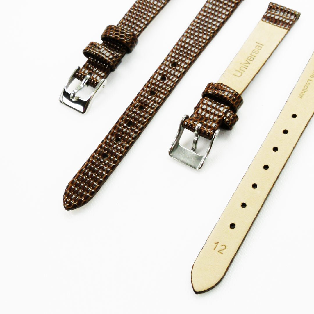 Lizard Style, Ladies Watch Band, 12MM Wide Flat, Regular Size, Brown Color, Silver Buckle, Genuine Leather Strap Replacement - Universal Jewelers & Watch Tools Inc.