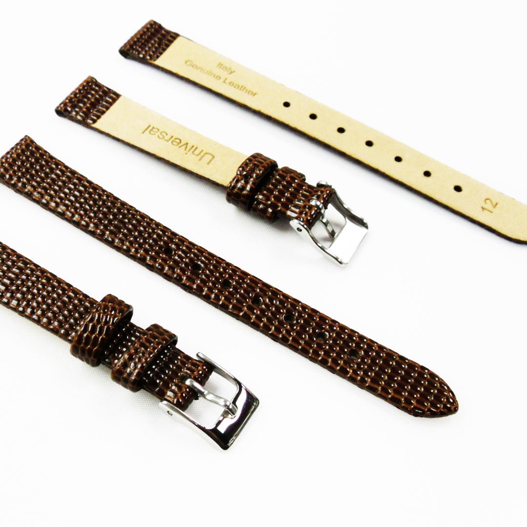Lizard Style, Ladies Watch Band, 12MM Wide Flat, Regular Size, Brown Color, Silver Buckle, Genuine Leather Strap Replacement - Universal Jewelers & Watch Tools Inc.
