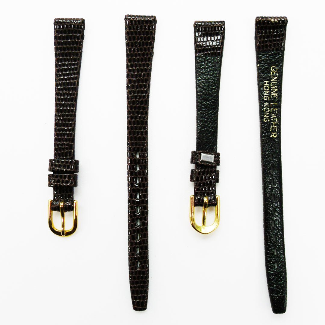 Lizard Style, Ladies Watch Band, 12MM Wide Flat, Regular Size, Dark Brown Color, Golden Buckle, Genuine Leather Strap Replacement - Universal Jewelers & Watch Tools Inc.