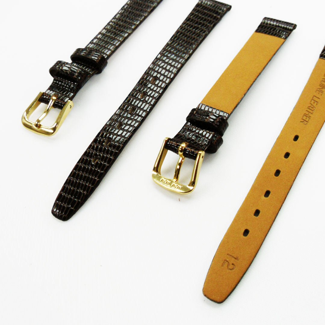 Lizard Style, Ladies Watch Band, 12MM Wide Flat, Regular Size, Dark Brown Color, Golden Buckle, Genuine Leather Strap Replacement - Universal Jewelers & Watch Tools Inc.