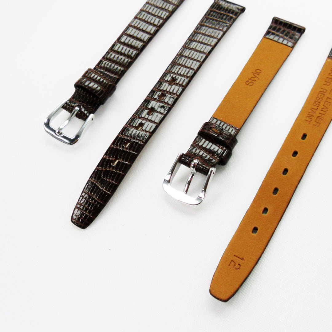 Lizard Style, Ladies Watch Band, 12MM Wide Flat, Regular Size, Dark Brown Color, Silver Buckle, Genuine Leather Strap Replacement - Universal Jewelers & Watch Tools Inc.