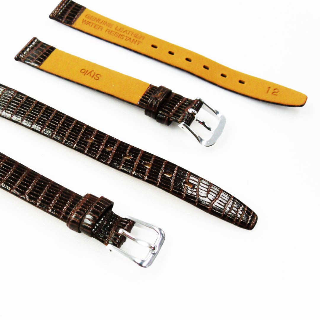 Lizard Style, Ladies Watch Band, 12MM Wide Flat, Regular Size, Dark Brown Color, Silver Buckle, Genuine Leather Strap Replacement - Universal Jewelers & Watch Tools Inc.