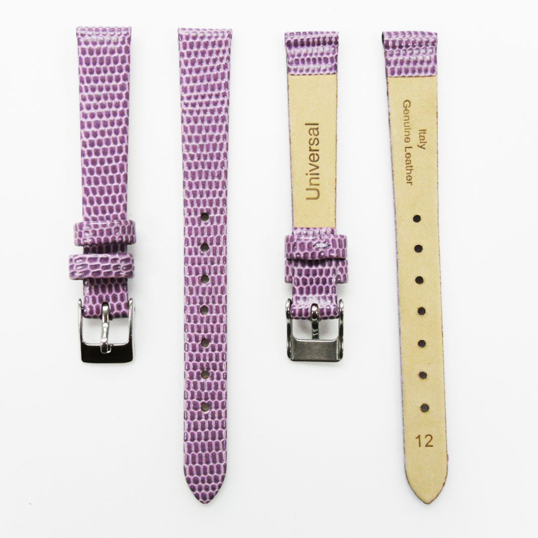 Lizard Style, Ladies Watch Band, 12MM Wide Flat, Regular Size, Purple Color, Silver Buckle, Genuine Leather Strap Replacement - Universal Jewelers & Watch Tools Inc.