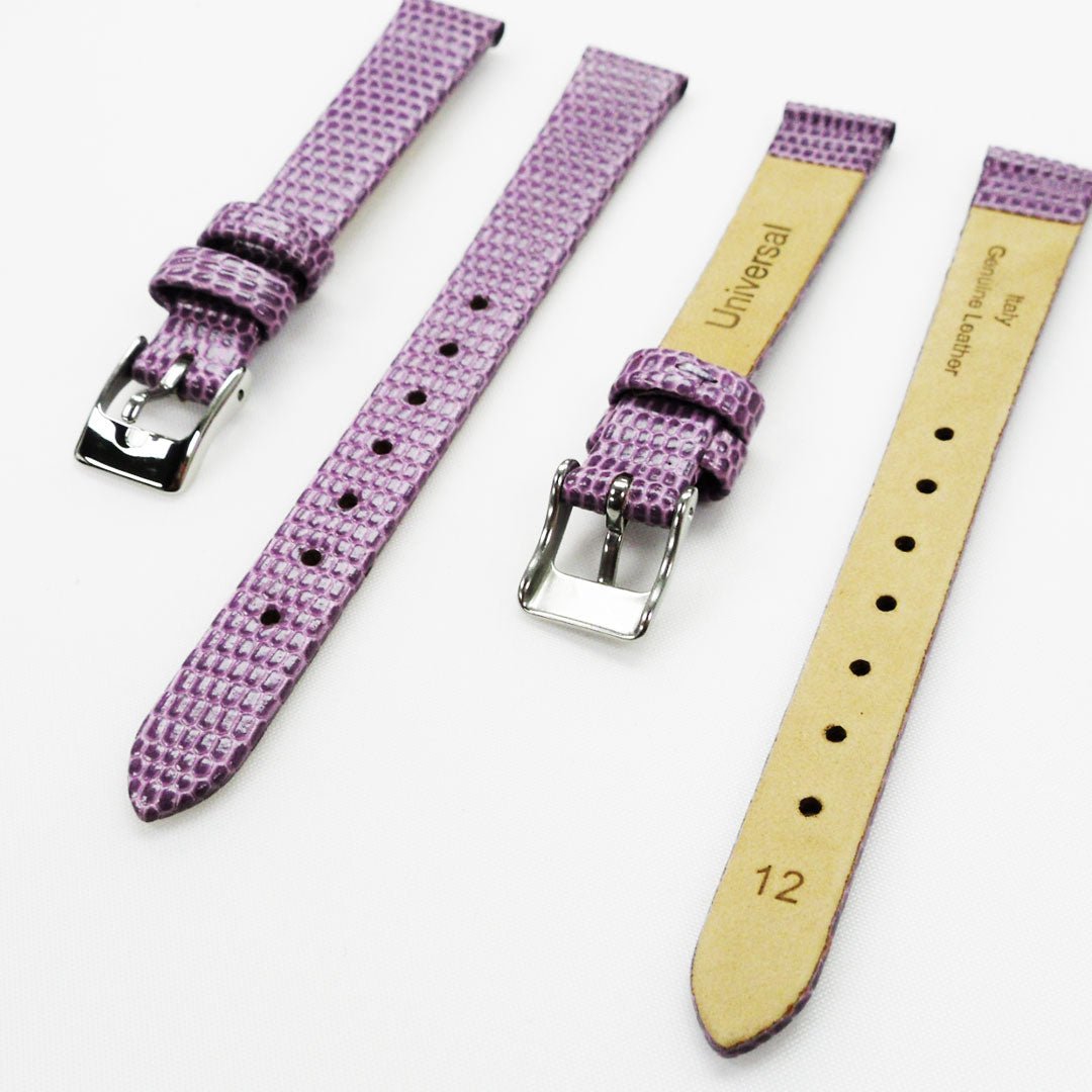 Lizard Style, Ladies Watch Band, 12MM Wide Flat, Regular Size, Purple Color, Silver Buckle, Genuine Leather Strap Replacement - Universal Jewelers & Watch Tools Inc.