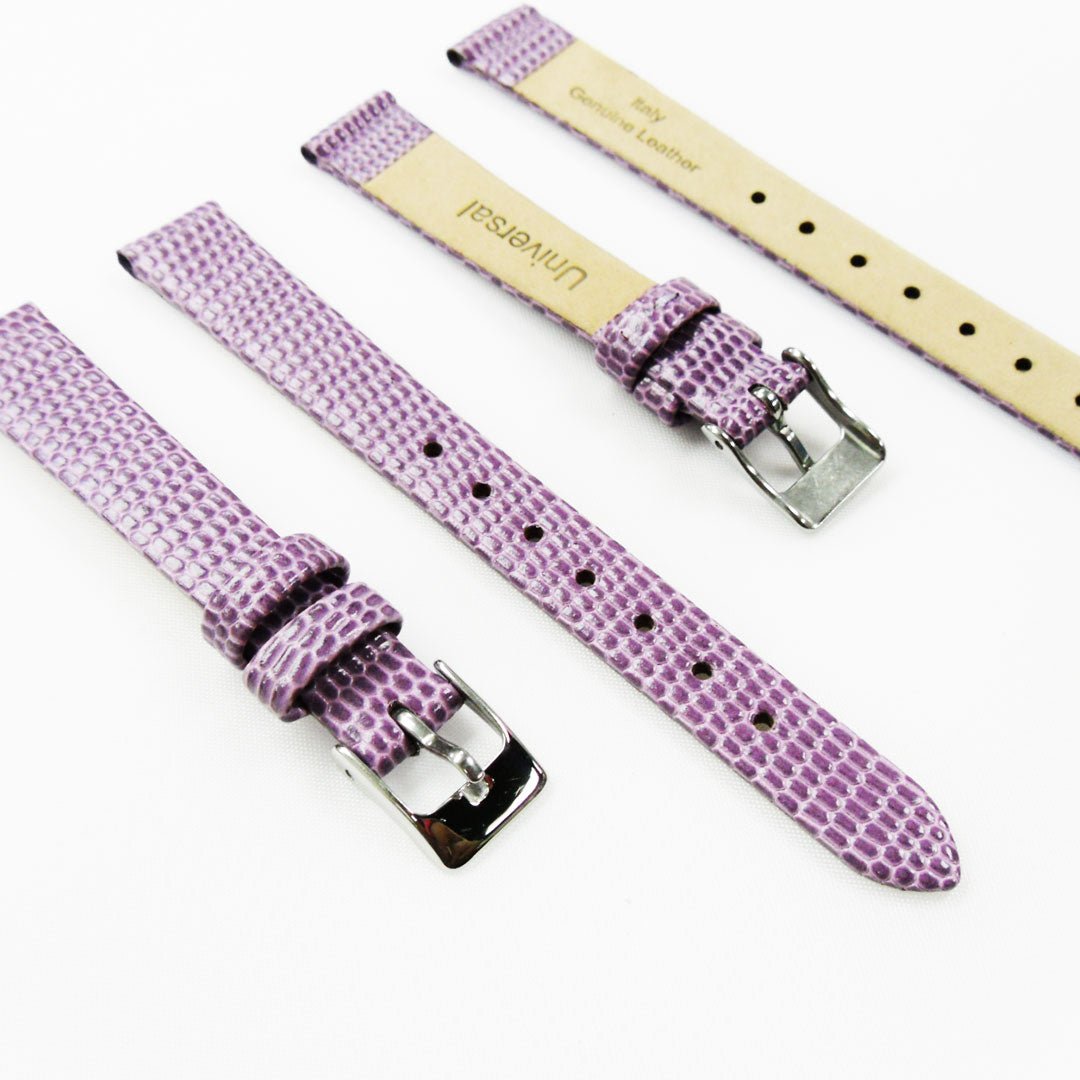 Lizard Style, Ladies Watch Band, 12MM Wide Flat, Regular Size, Purple Color, Silver Buckle, Genuine Leather Strap Replacement - Universal Jewelers & Watch Tools Inc.