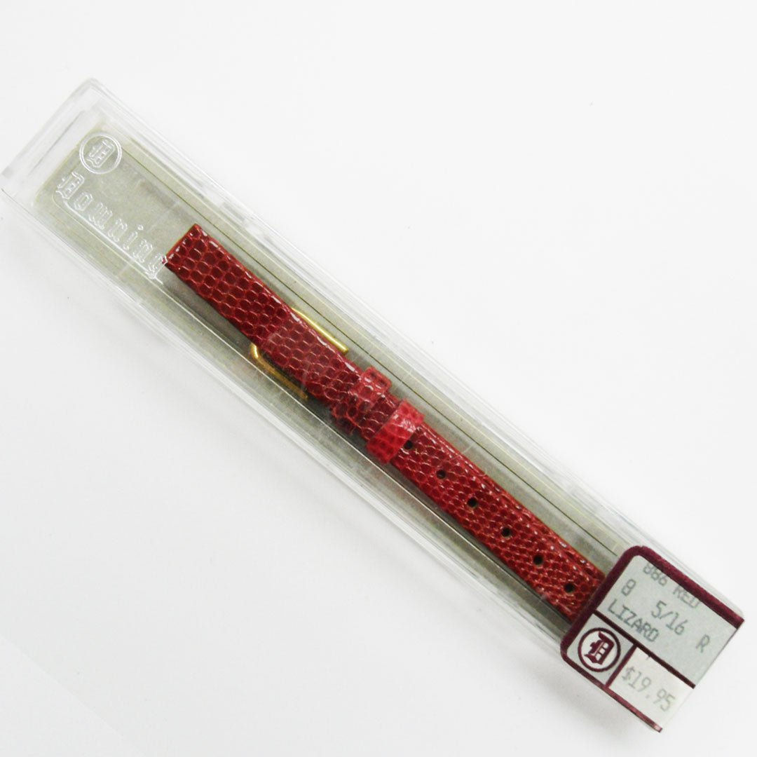 Lizard Style, Ladies Watch Band, 12MM Wide Flat, Regular Size, Red Color, Silver Buckle, Genuine Leather Strap Replacement - Universal Jewelers & Watch Tools Inc.