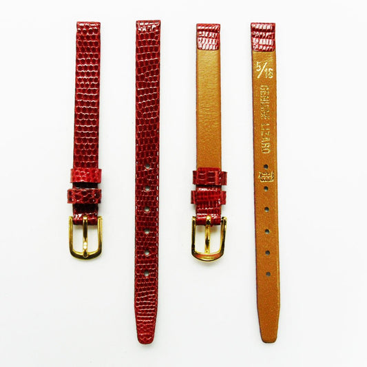 Lizard Style, Ladies Watch Band, 12MM Wide Flat, Regular Size, Red Color, Silver Buckle, Genuine Leather Strap Replacement - Universal Jewelers & Watch Tools Inc.