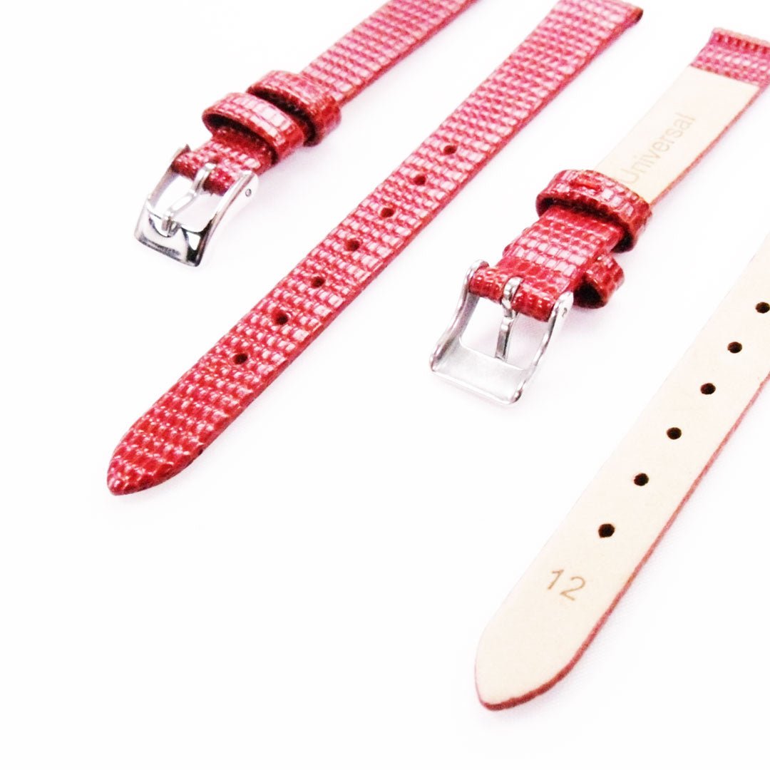Lizard Style, Ladies Watch Band, 12MM Wide Flat, Regular Size, Red Color, Silver Buckle, Genuine Leather Strap Replacement - Universal Jewelers & Watch Tools Inc.