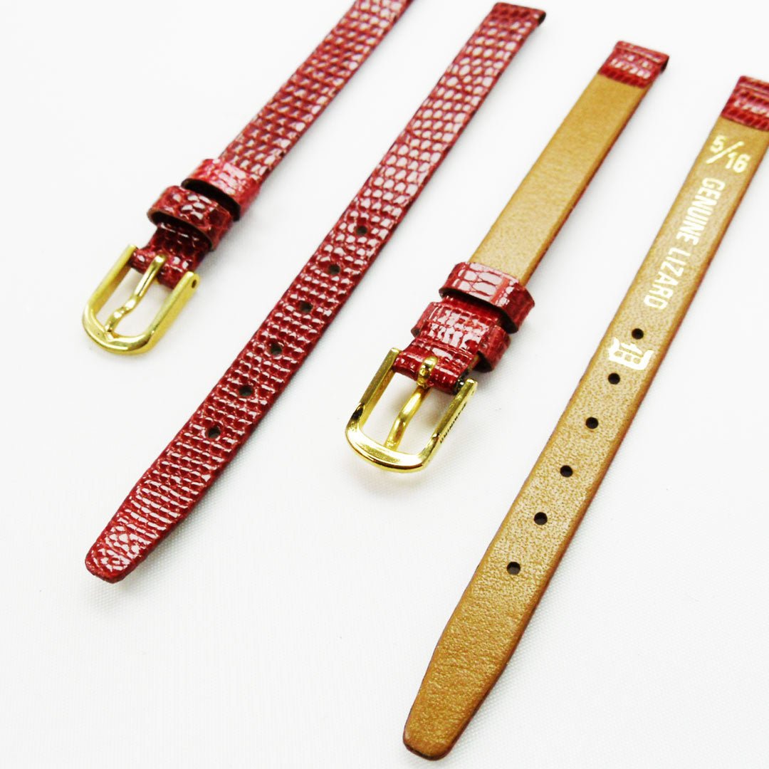 Lizard Style, Ladies Watch Band, 12MM Wide Flat, Regular Size, Red Color, Silver Buckle, Genuine Leather Strap Replacement - Universal Jewelers & Watch Tools Inc.