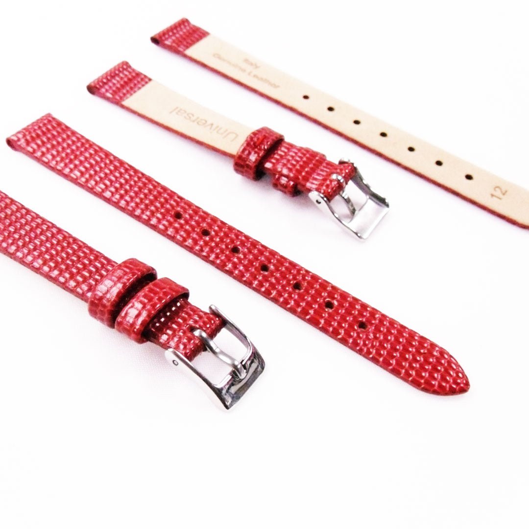 Lizard Style, Ladies Watch Band, 12MM Wide Flat, Regular Size, Red Color, Silver Buckle, Genuine Leather Strap Replacement - Universal Jewelers & Watch Tools Inc.