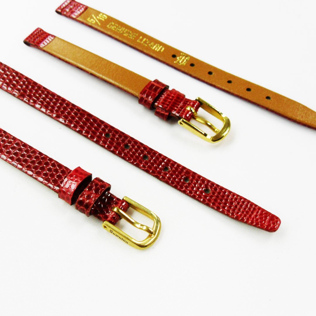 Lizard Style, Ladies Watch Band, 12MM Wide Flat, Regular Size, Red Color, Silver Buckle, Genuine Leather Strap Replacement - Universal Jewelers & Watch Tools Inc.