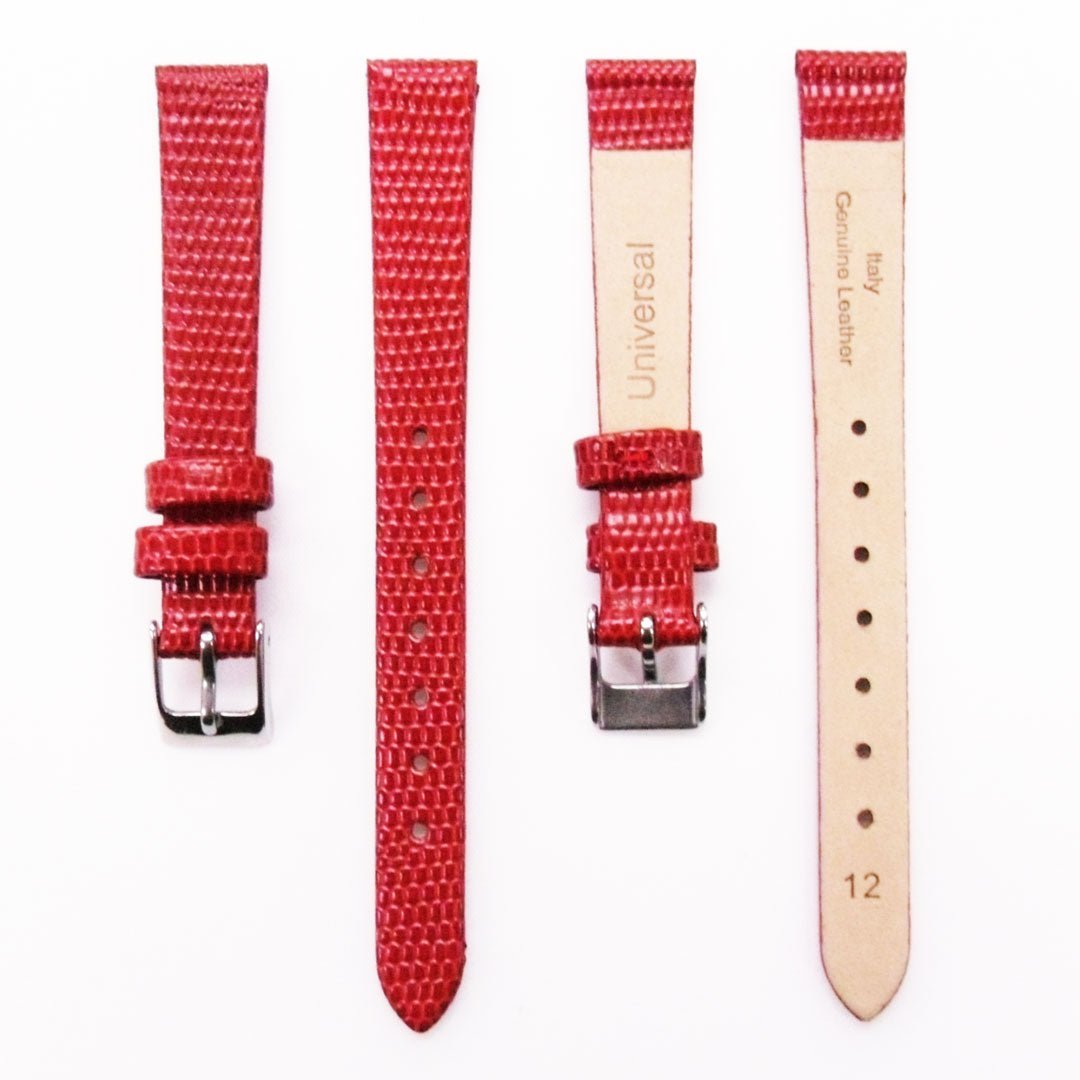 Lizard Style, Ladies Watch Band, 12MM Wide Flat, Regular Size, Red Color, Silver Buckle, Genuine Leather Strap Replacement - Universal Jewelers & Watch Tools Inc.