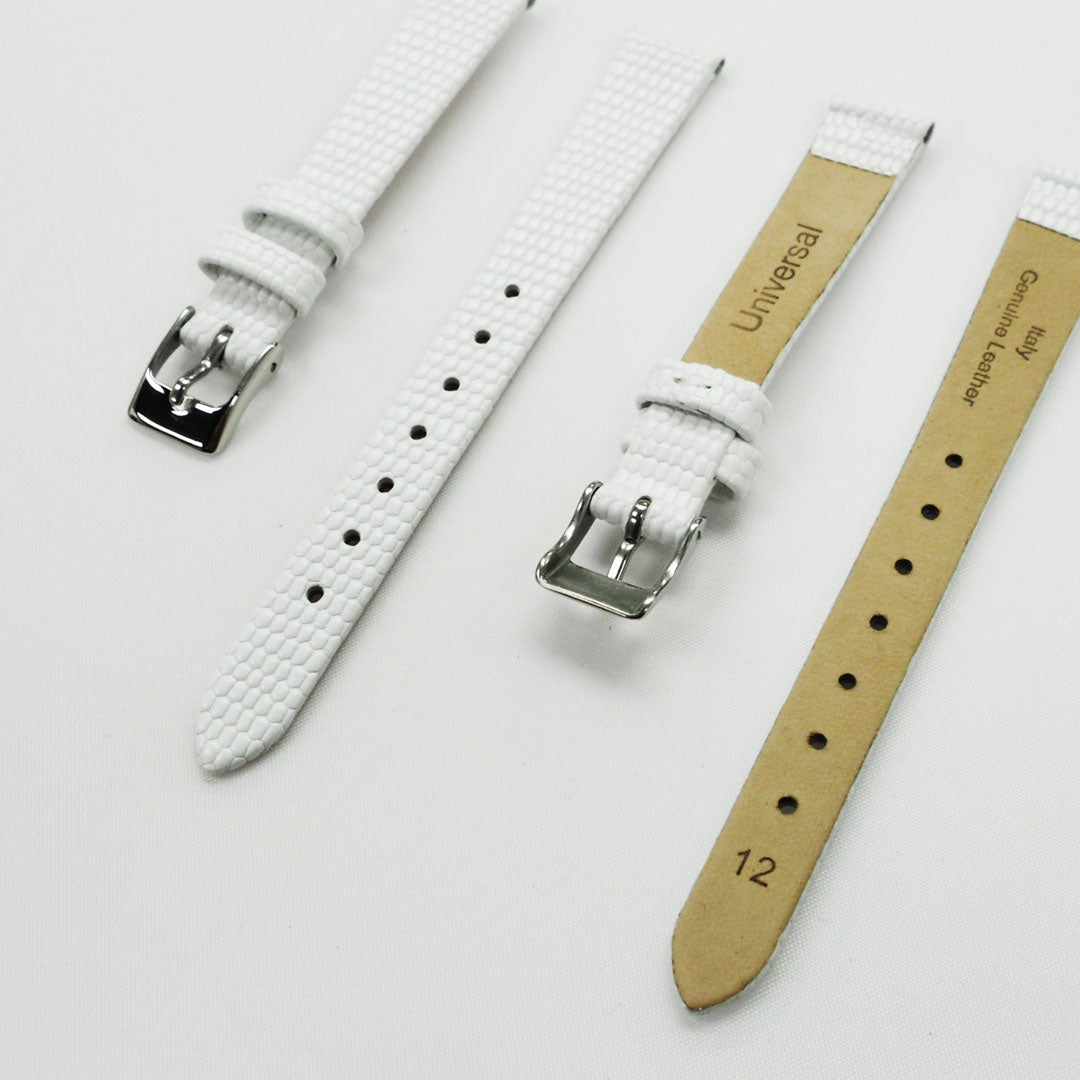 Lizard Style, Ladies Watch Band, 12MM Wide Flat, Regular Size, White Color, Silver Buckle, Genuine Leather Strap Replacement - Universal Jewelers & Watch Tools Inc.