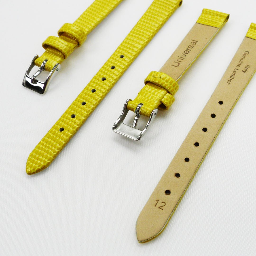 Lizard Style, Ladies Watch Band, 12MM Wide Flat, Regular Size, Yellow Color, Silver Buckle, Genuine Leather Strap Replacement - Universal Jewelers & Watch Tools Inc.