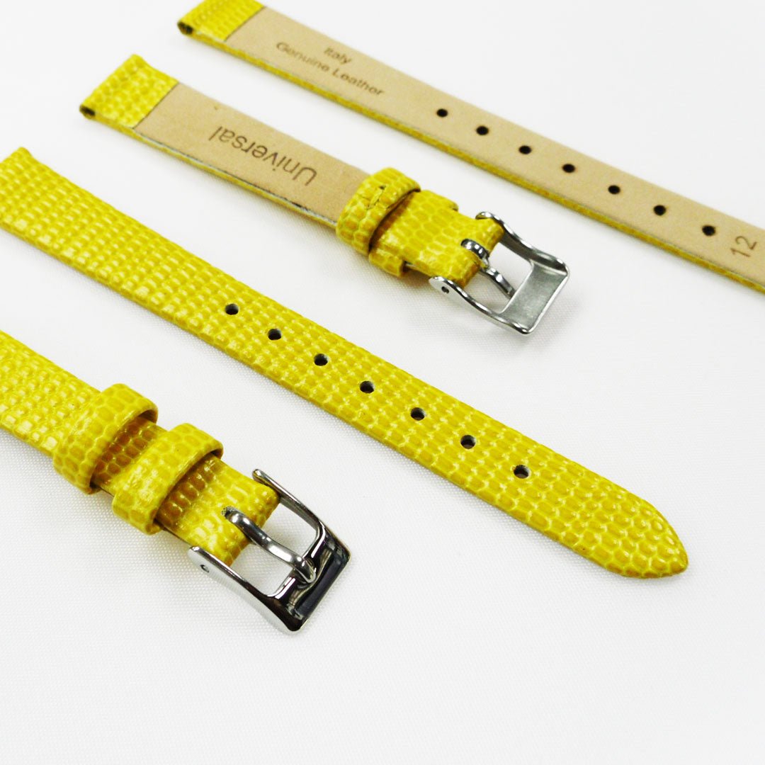 Lizard Style, Ladies Watch Band, 12MM Wide Flat, Regular Size, Yellow Color, Silver Buckle, Genuine Leather Strap Replacement - Universal Jewelers & Watch Tools Inc.