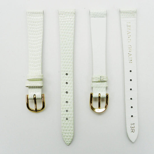 Lizard Style, Ladies Watch Band, 13MM Wide Flat, XL Size, White Color, Gold Buckle, Genuine Leather Strap Replacement - Universal Jewelers & Watch Tools Inc.