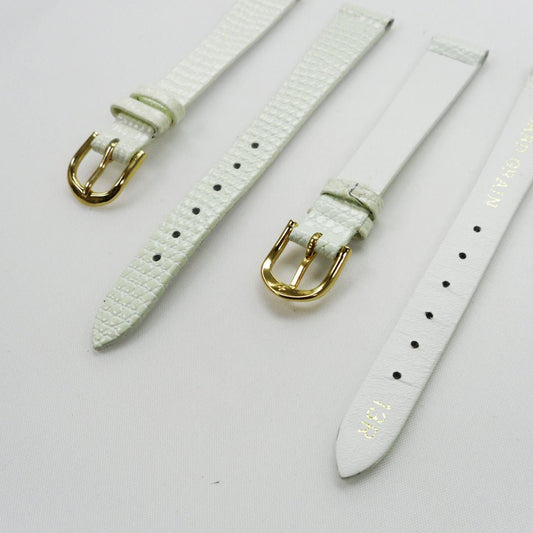 Lizard Style, Ladies Watch Band, 13MM Wide Flat, XL Size, White Color, Gold Buckle, Genuine Leather Strap Replacement - Universal Jewelers & Watch Tools Inc.