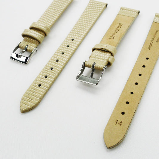 Lizard Style, Ladies Watch Band, 14MM Wide Flat, Regular Size, Beige Color, Silver Buckle, Genuine Leather Strap Replacement - Universal Jewelers & Watch Tools Inc.