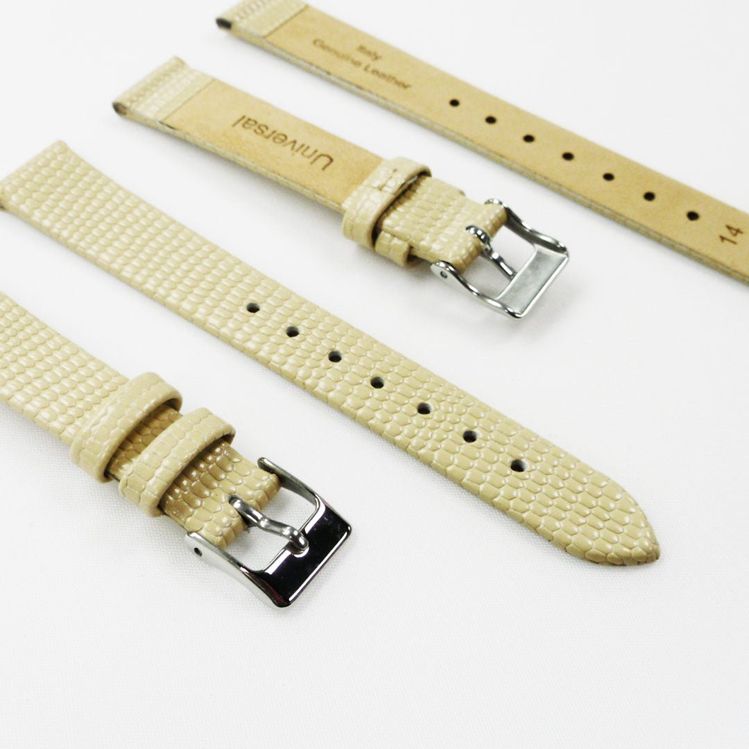 Lizard Style, Ladies Watch Band, 14MM Wide Flat, Regular Size, Beige Color, Silver Buckle, Genuine Leather Strap Replacement - Universal Jewelers & Watch Tools Inc.
