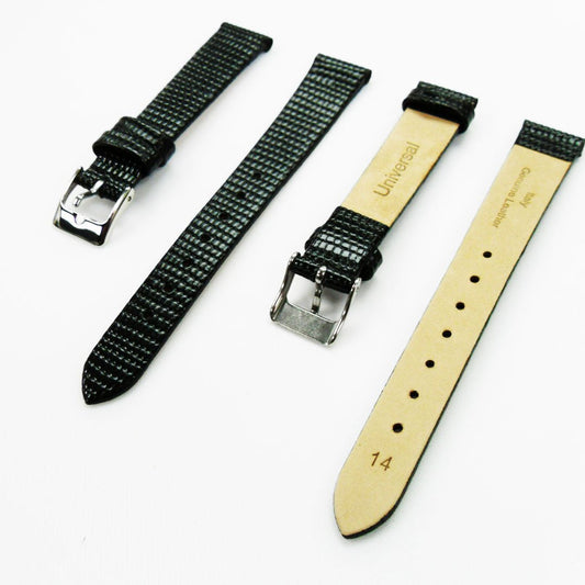 Lizard Style, Ladies Watch Band, 14MM Wide Flat, Regular Size, Black Color, Silver Buckle, Genuine Leather Strap Replacement - Universal Jewelers & Watch Tools Inc.