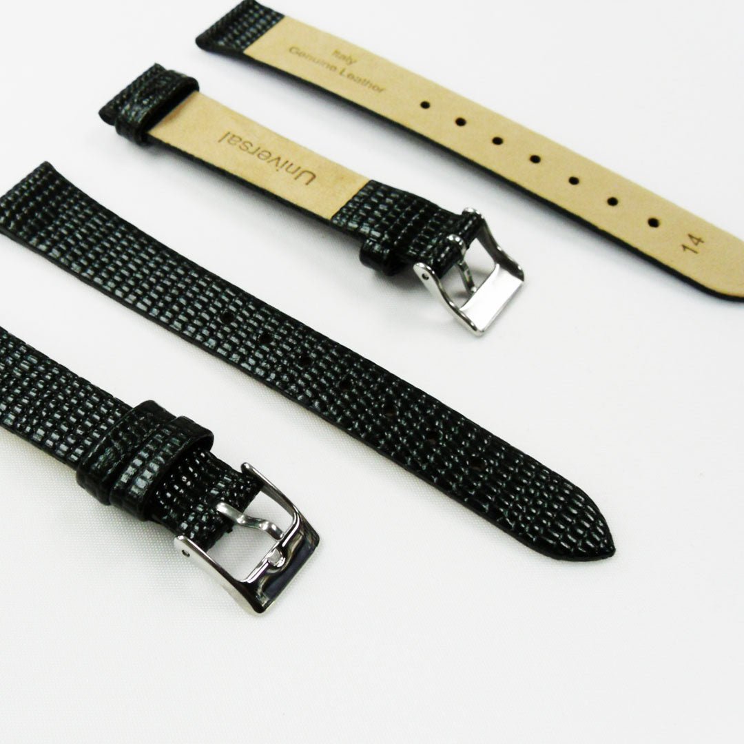 Lizard Style, Ladies Watch Band, 14MM Wide Flat, Regular Size, Black Color, Silver Buckle, Genuine Leather Strap Replacement - Universal Jewelers & Watch Tools Inc.