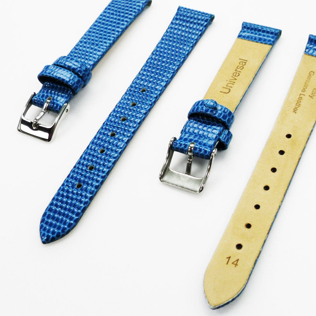 Lizard Style, Ladies Watch Band, 14MM Wide Flat, Regular Size, Blue Color, Silver Buckle, Genuine Leather Strap Replacement - Universal Jewelers & Watch Tools Inc.