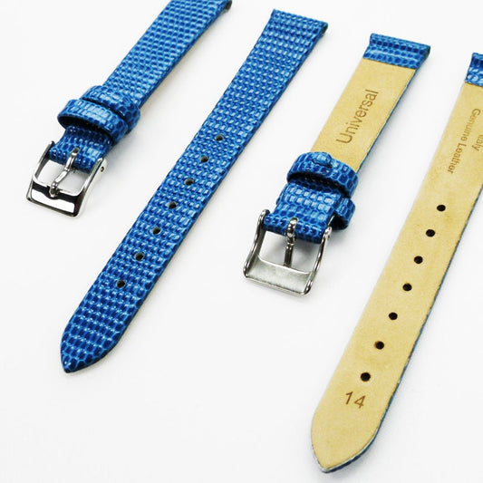 Lizard Style, Ladies Watch Band, 14MM Wide Flat, Regular Size, Blue Color, Silver Buckle, Genuine Leather Strap Replacement - Universal Jewelers & Watch Tools Inc.
