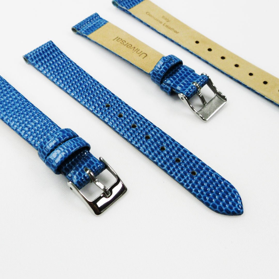 Lizard Style, Ladies Watch Band, 14MM Wide Flat, Regular Size, Blue Color, Silver Buckle, Genuine Leather Strap Replacement - Universal Jewelers & Watch Tools Inc.