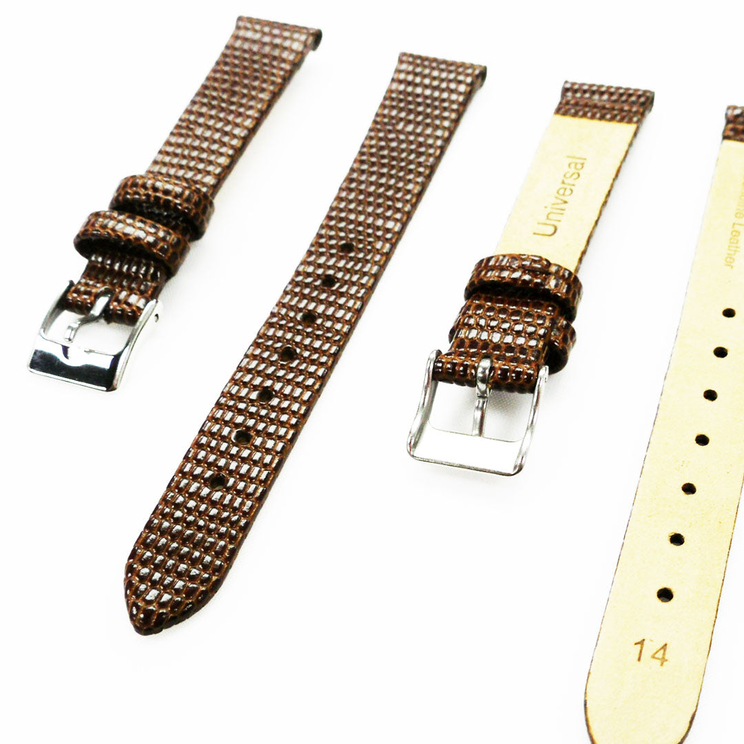 Lizard Style, Ladies Watch Band, 14MM Wide Flat, Regular Size, Brown Color, Silver Buckle, Genuine Leather Strap Replacement
