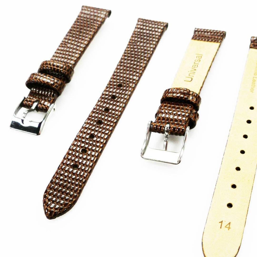 Lizard Style, Ladies Watch Band, 14MM Wide Flat, Regular Size, Brown Color, Silver Buckle, Genuine Leather Strap Replacement - Universal Jewelers & Watch Tools Inc.