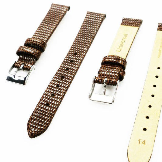 Lizard Style, Ladies Watch Band, 14MM Wide Flat, Regular Size, Brown Color, Silver Buckle, Genuine Leather Strap Replacement - Universal Jewelers & Watch Tools Inc.