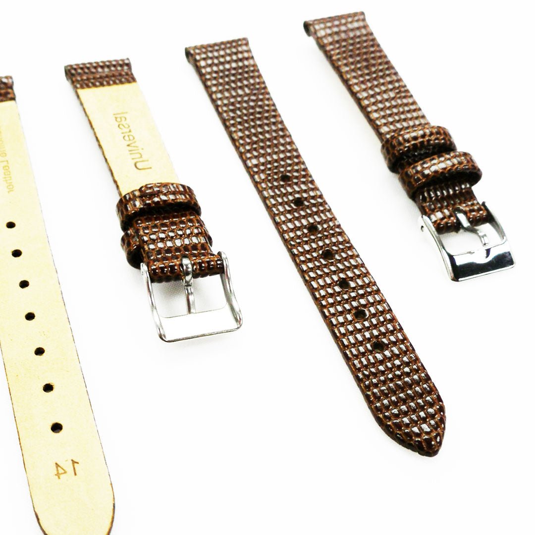 Lizard Style, Ladies Watch Band, 14MM Wide Flat, Regular Size, Brown Color, Silver Buckle, Genuine Leather Strap Replacement - Universal Jewelers & Watch Tools Inc.