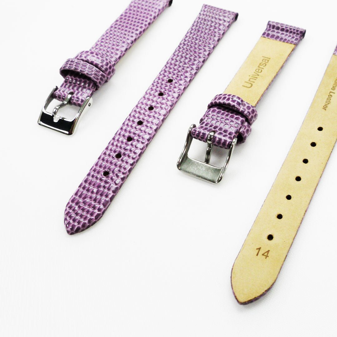Lizard Style, Ladies Watch Band, 14MM Wide Flat, Regular Size, Purple Color, Silver Buckle, Genuine Leather Strap Replacement - Universal Jewelers & Watch Tools Inc.