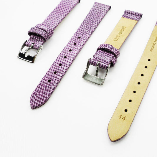 Lizard Style, Ladies Watch Band, 14MM Wide Flat, Regular Size, Purple Color, Silver Buckle, Genuine Leather Strap Replacement - Universal Jewelers & Watch Tools Inc.