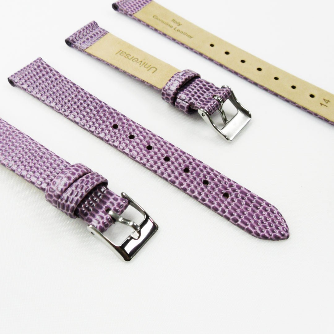 Lizard Style, Ladies Watch Band, 14MM Wide Flat, Regular Size, Purple Color, Silver Buckle, Genuine Leather Strap Replacement - Universal Jewelers & Watch Tools Inc.