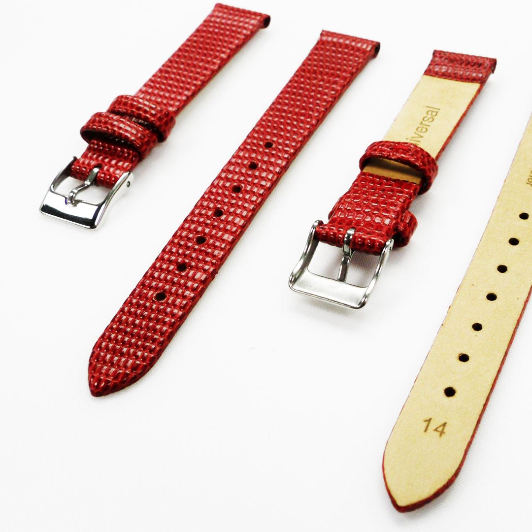 Lizard Style, Ladies Watch Band, 14MM Wide Flat, Regular Size, Red Color, Silver Buckle, Genuine Leather Strap Replacement - Universal Jewelers & Watch Tools Inc.