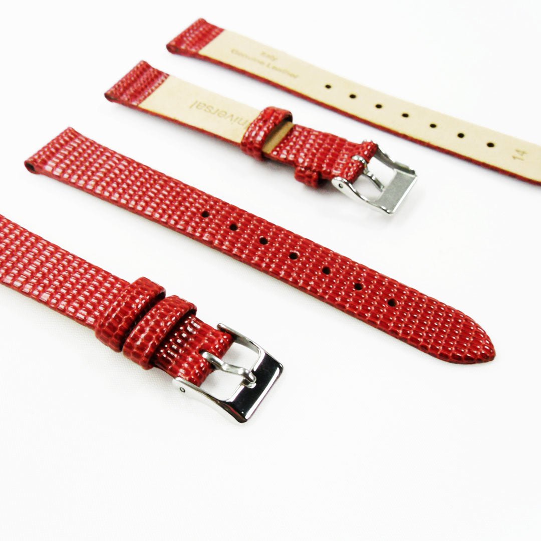 Lizard Style, Ladies Watch Band, 14MM Wide Flat, Regular Size, Red Color, Silver Buckle, Genuine Leather Strap Replacement - Universal Jewelers & Watch Tools Inc.