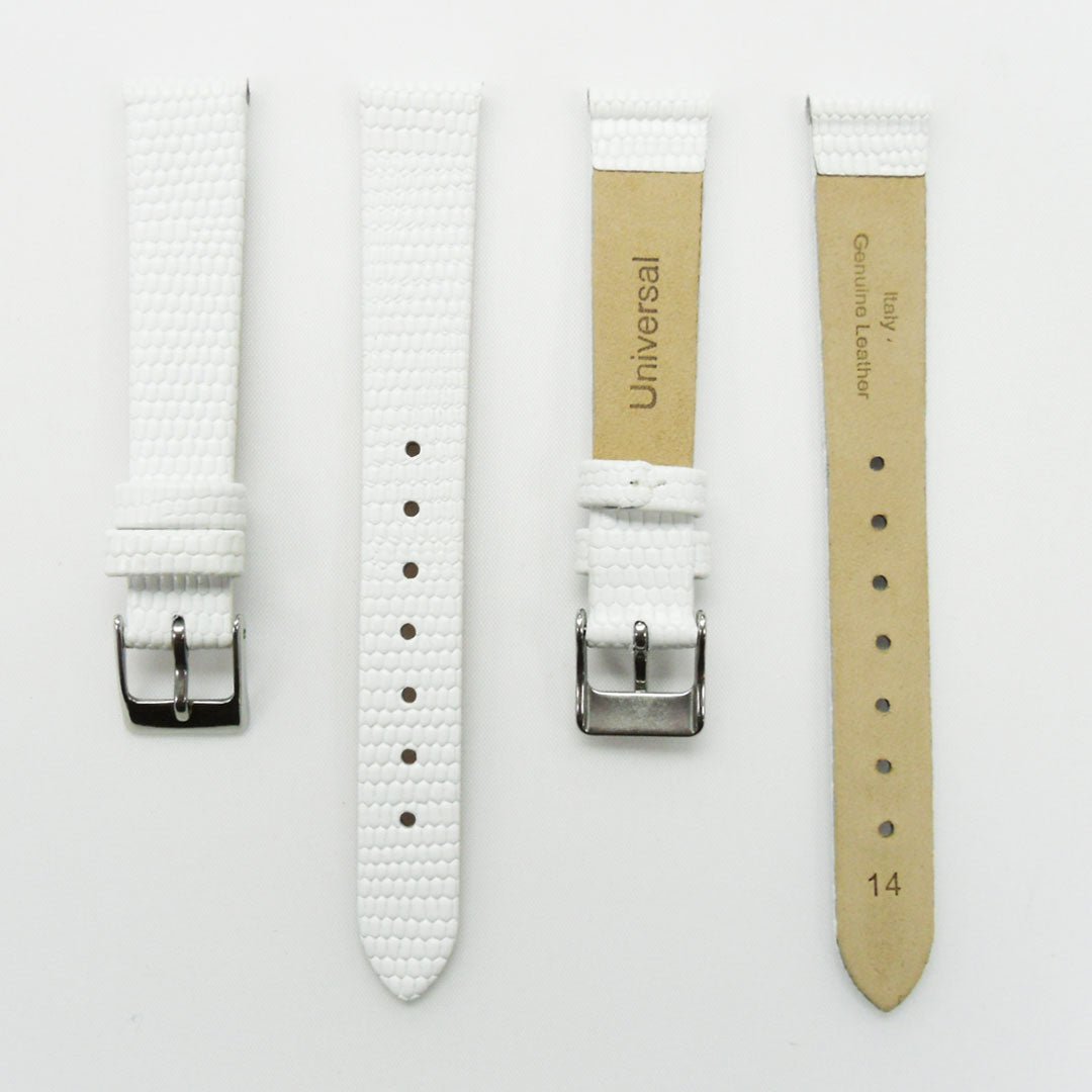Lizard Style, Ladies Watch Band, 14MM Wide Flat, Regular Size, White Color, Silver Buckle, Genuine Leather Strap Replacement - Universal Jewelers & Watch Tools Inc.
