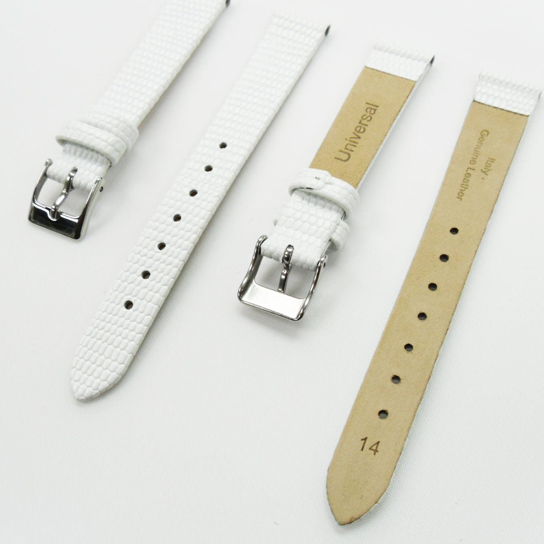 Lizard Style, Ladies Watch Band, 14MM Wide Flat, Regular Size, White Color, Silver Buckle, Genuine Leather Strap Replacement - Universal Jewelers & Watch Tools Inc.