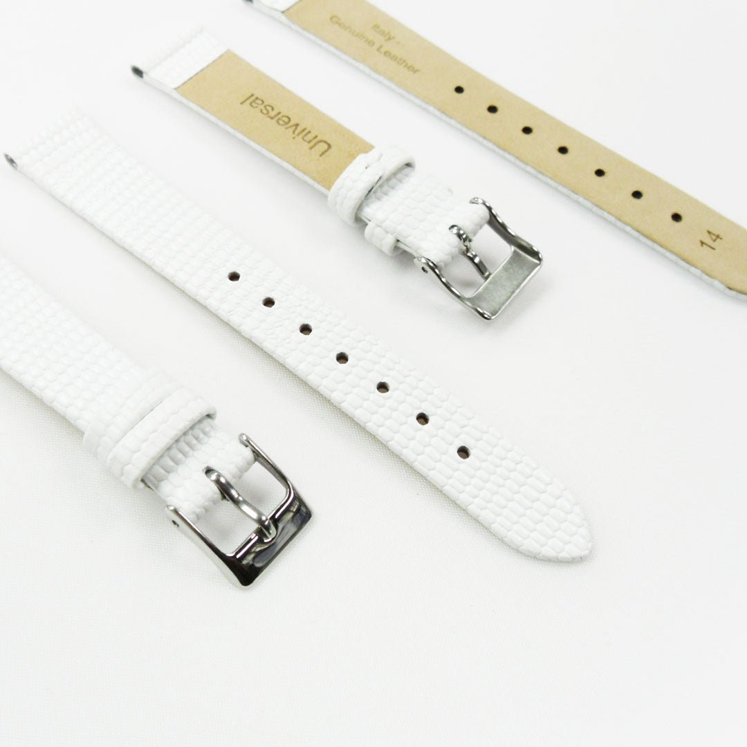 Lizard Style, Ladies Watch Band, 14MM Wide Flat, Regular Size, White Color, Silver Buckle, Genuine Leather Strap Replacement - Universal Jewelers & Watch Tools Inc.