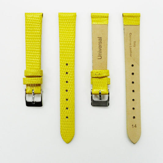 Lizard Style, Ladies Watch Band, 14MM Wide Flat, Regular Size, Yellow Color, Silver Buckle, Genuine Leather Strap Replacement - Universal Jewelers & Watch Tools Inc.