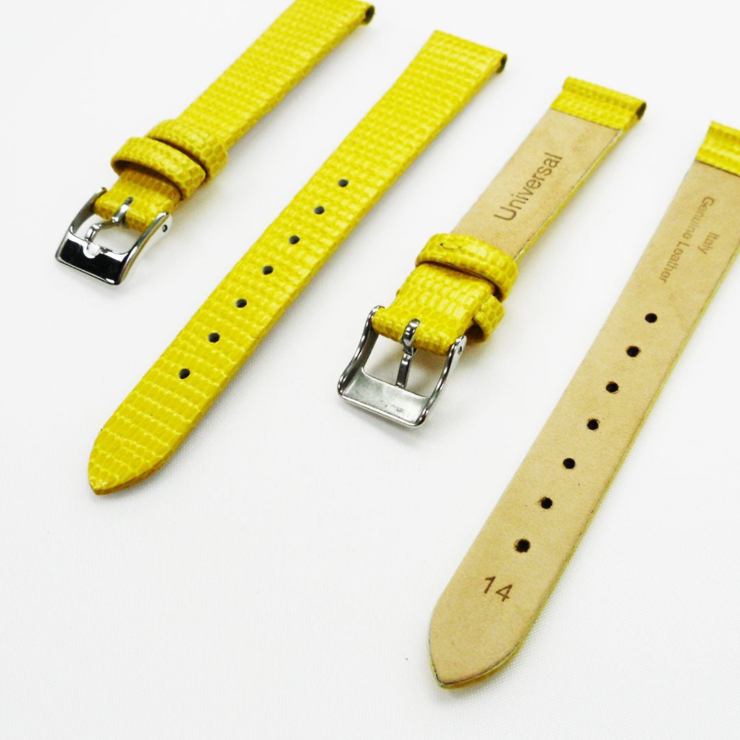 Lizard Style, Ladies Watch Band, 14MM Wide Flat, Regular Size, Yellow Color, Silver Buckle, Genuine Leather Strap Replacement - Universal Jewelers & Watch Tools Inc.